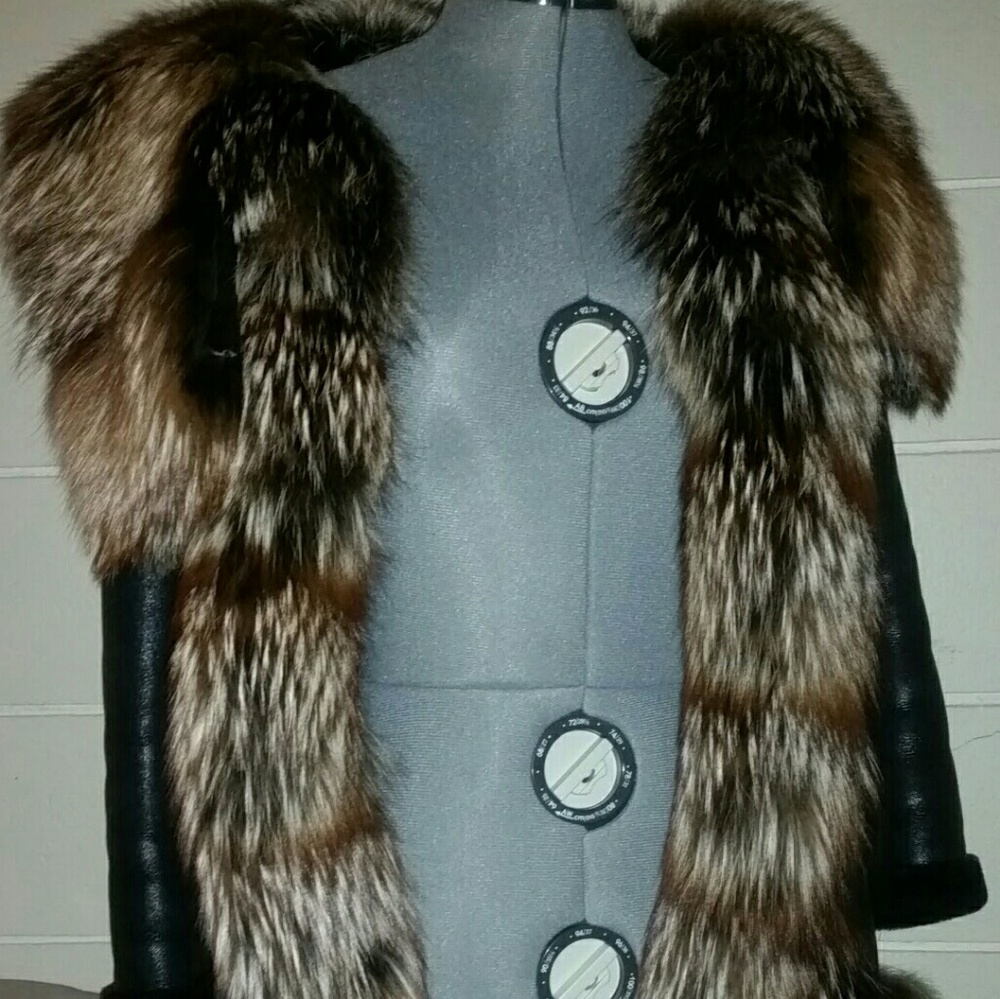 😍🥰 METALLIC MERINO LEATHER SHEARLING FOX FUR COAT - Picture 3 of 8